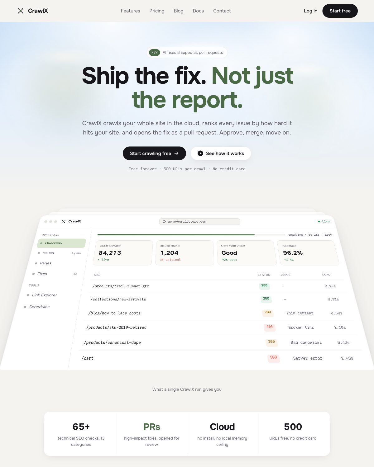 CrawlX dashboard: crawl overview with checks, issues, and Core Web Vitals.