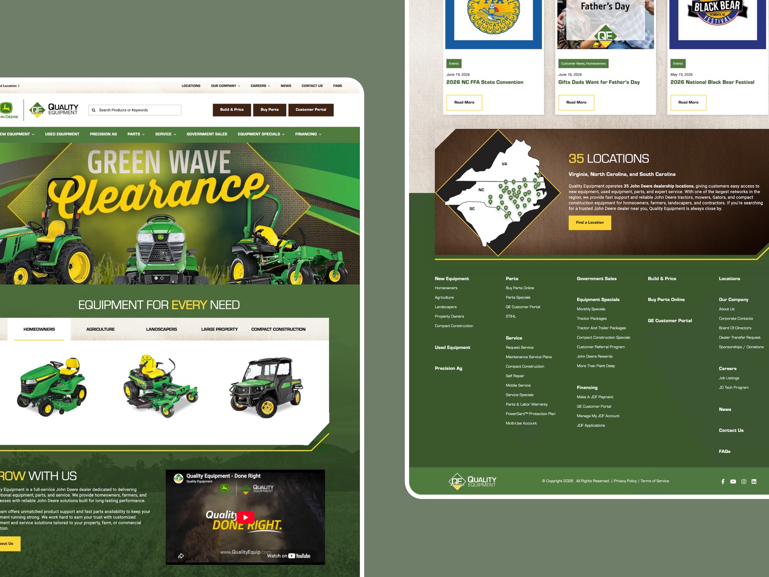 The Quality Equipment site: a Green Wave Clearance hero, an equipment-by-audience tab set, a 35-location map across Virginia and the Carolinas, and the full footer.