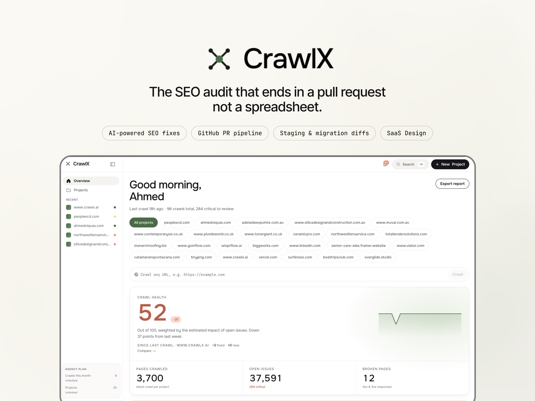 CrawlX brand slide: the wordmark over the line 'the SEO audit that ends in a pull request, not a spreadsheet', above the crawl overview dashboard.